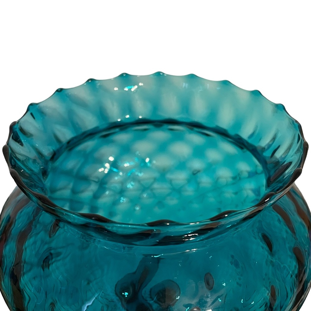 Vintage MCM Empoli Teal Blue Optic Glass Stemmed Fluted Vase Compote Bowl 12" - Picture 3 of 6